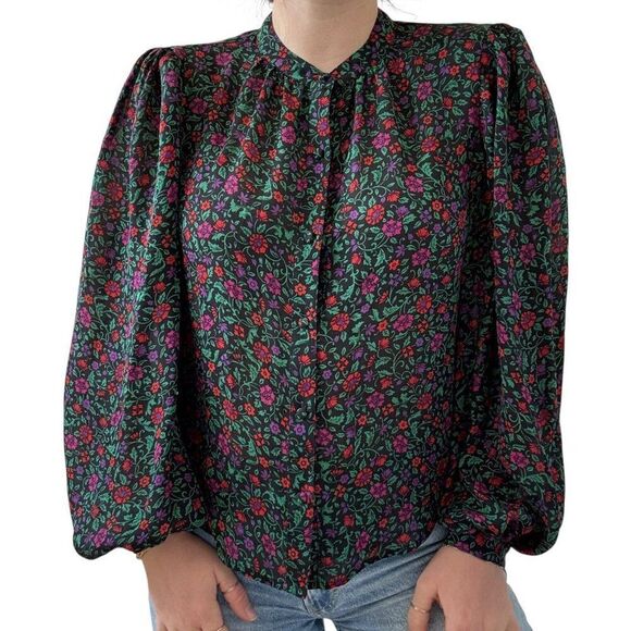 Veronica Beard Ashlynn Blouse Black Pink Floral 100% Silk Sheer Sz 2 - Picture 1 of 8